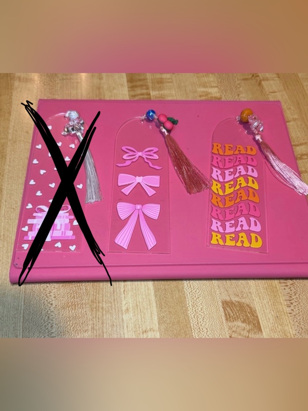 Handmade acrylic bookmarks floral, smiley, and cherry designs with tassels - Picture 3 of 5